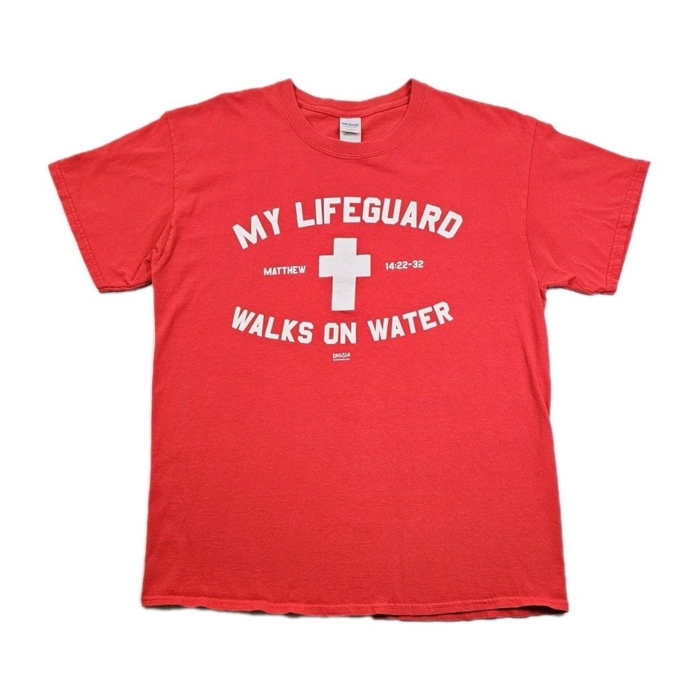 Kerusso Jesus My Lifeguard Walks On Water T Shirt Mens L Red White Christian